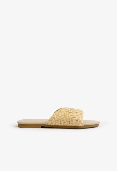 Criss Cross Straw Strap Flat Slides