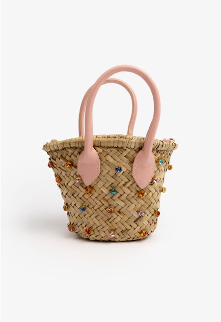 Rhinestones Embellished Straw Bag