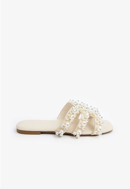 Crystal &Faux Pearls Embellished Flat Slides