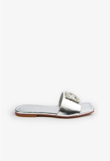 Faux Pearls Embellished Shimmery Slides