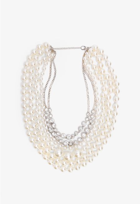 Chunky Crystal Embellished Faux Pearls Necklace
