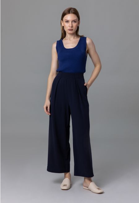 Wide Leg Cut Solid Elasticated Waist Trousers