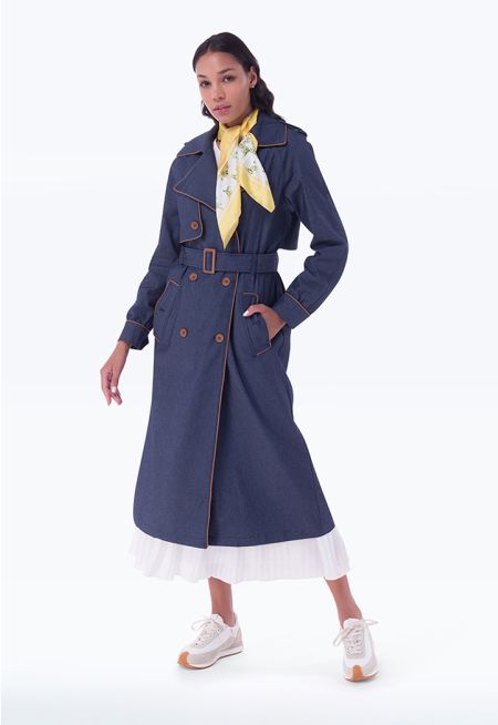 Denim Double Breasted Maxi Trench Coat -Sale