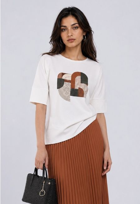 Strass Embellished Printed Motif T-Shirt