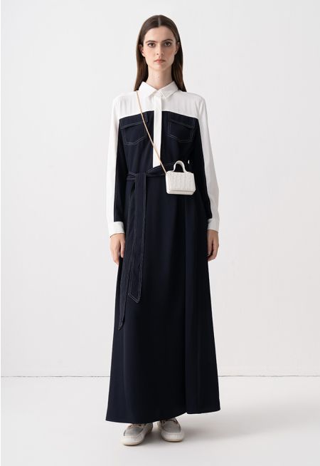 Contrast Belted Flared Maxi Dress