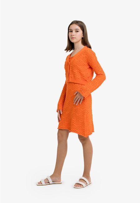 Solid Knitted Dress and Cardigan Set (2 PCS)