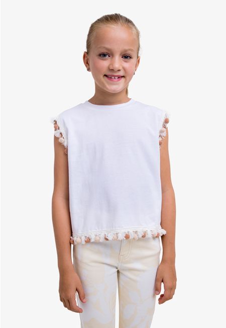 Pom Pom Embellished Solid T Shirt