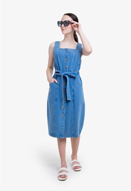 Sleeveless Belted Denim Dress