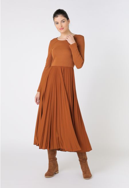 Pleated Ribbed Knit Dress