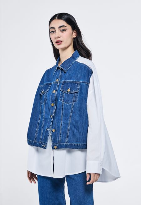 Solid Shirt With Attached Denim Vest