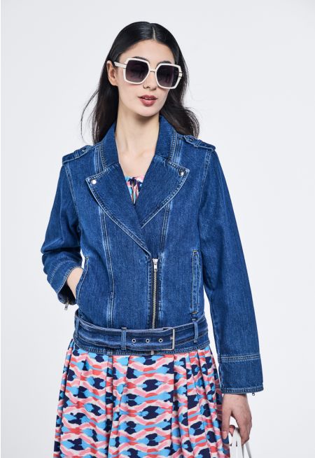 Zip-Up Belted Waist Denim Jacket