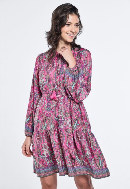 Tiered Printed Belted Midi Dress