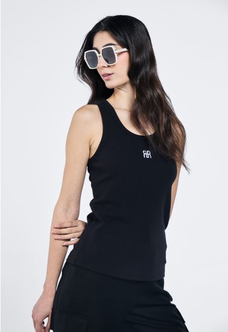 Monogram Embroidered Ribbed Basic Top
