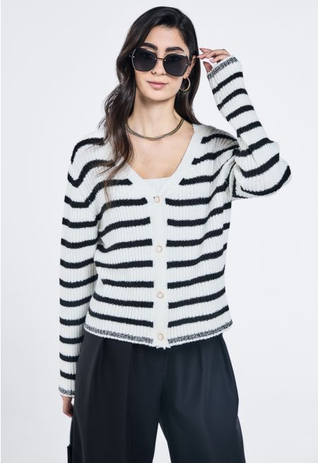 Striped Knitted Ribbed Cardigan