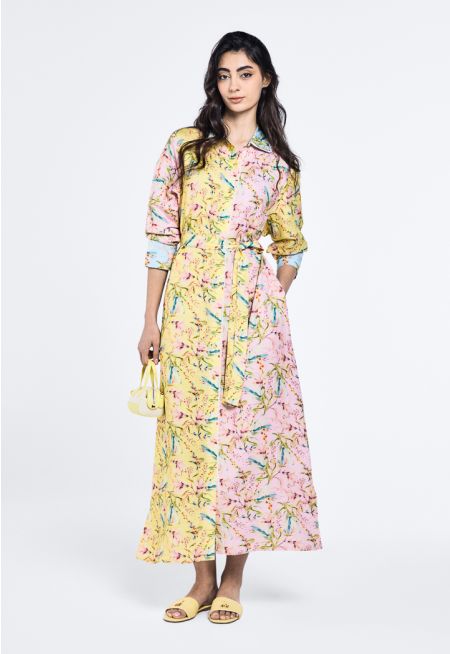 Floral Print Belted Maxi Shirt Dress