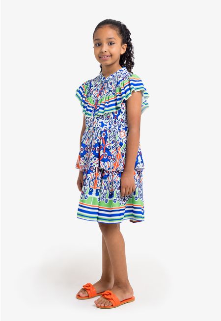 Colored Printed Ruffled Tiered Dress