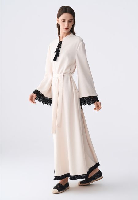 فستان قفطان بتفاصيل دانتيل و طباعة وشراشيب - ستايل رمضان