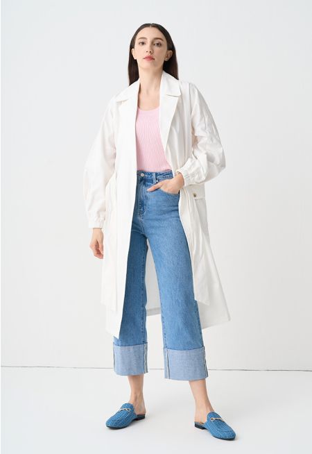 Solid Double Breasted Belted Coat