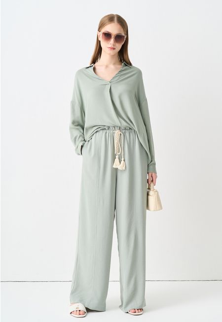 Crinkled Drawstring Wide Leg Trouser