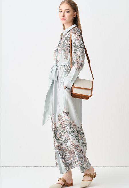 Printed Belted Long Sleeve Shirt Dress