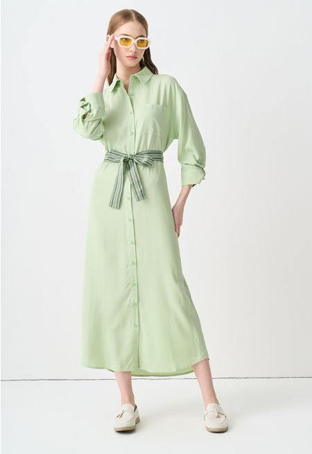 Belted Shirt Dress With Button Tap Sleeve