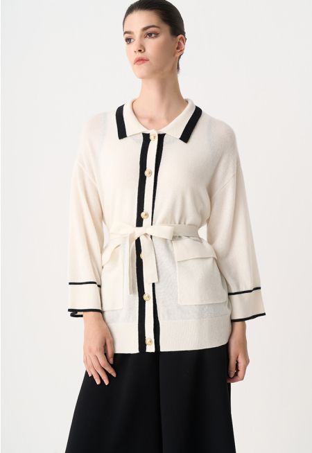 Contrast Knitted Belted Cardigan