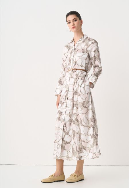 Front Pockets Printed Maxi Shirt Dress