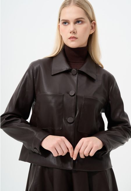 Long Sleeves Cropped Synthetic Leather Jacket
