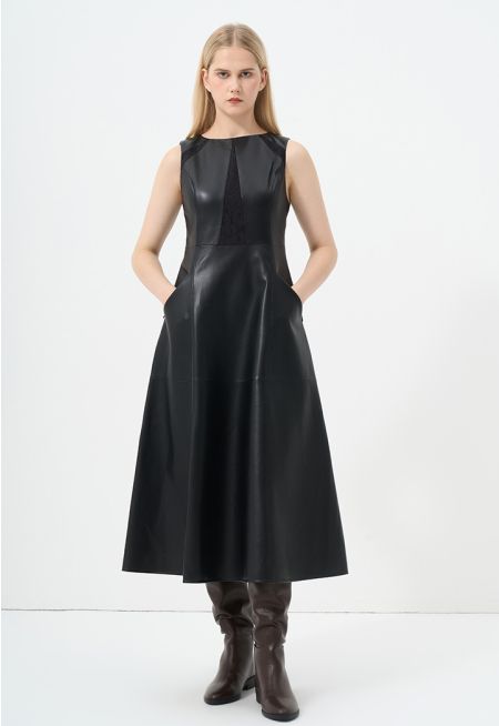 Sleeveless Faux Leather Solid Dress