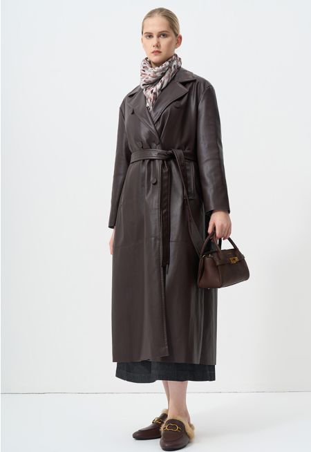 Synthetic Leather Belted Maxi Trench Coat