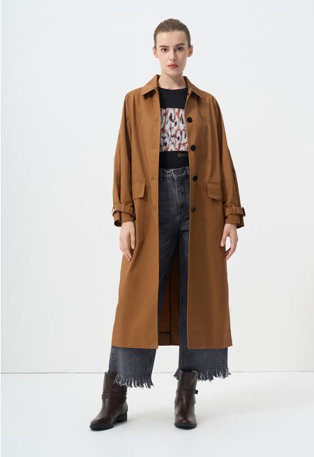 Solid Flap Front Pocket Trench Coat 