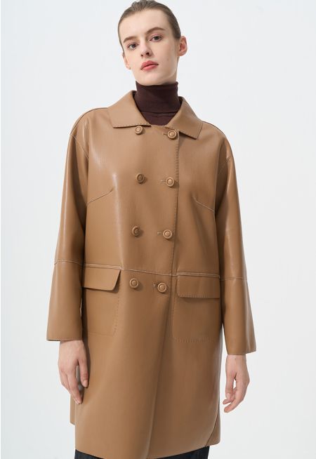 Solid Synthetic Leather Midi Trench Coat 