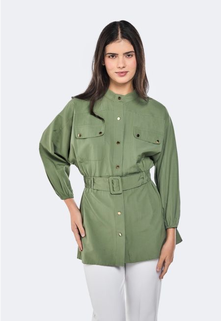 Flap Pockets Belted Shirt