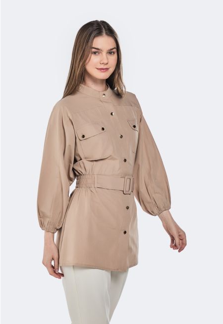 Flap Pockets Belted Shirt