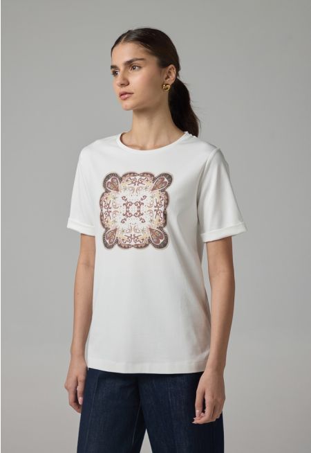 Printed Motif Crystal Embellished T-Shirt