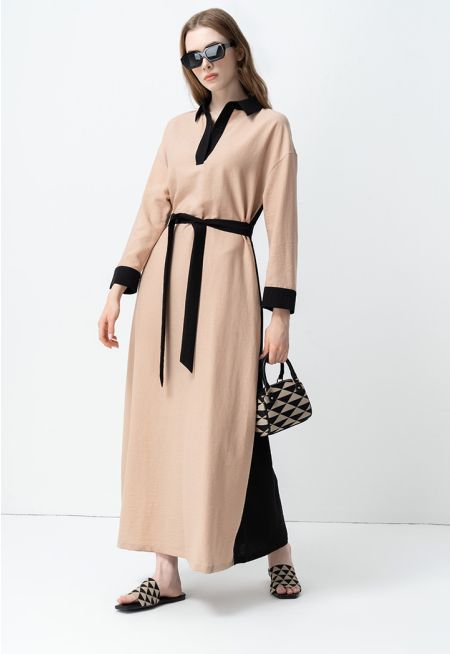 Contrast Belted Long Sleeve Maxi Dress