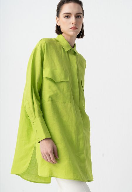 Solid Front Flap Pockets Oversize Shirt