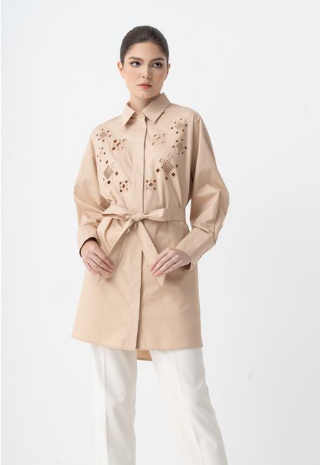 Eyelet Embroidered Belted Shirt