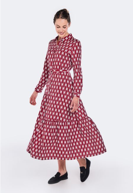 Printed Tiered Belted Dress