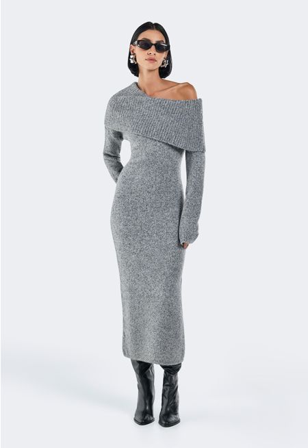 Off-Shoulder Knit Midi Dress