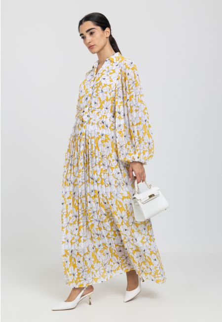 Printed Pleated Belted Maxi Dress