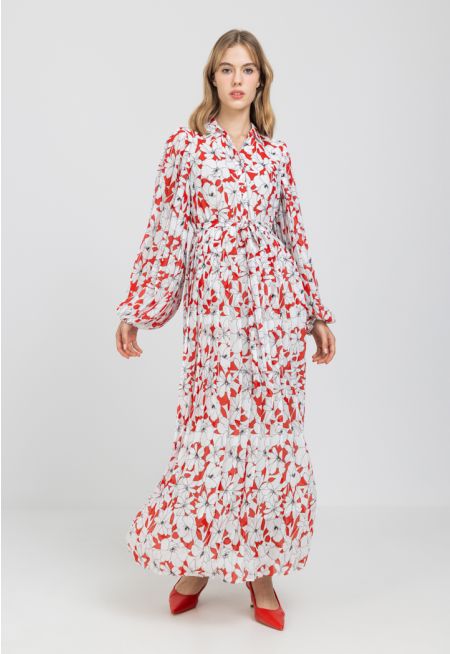 Printed Pleated Belted Maxi Dress