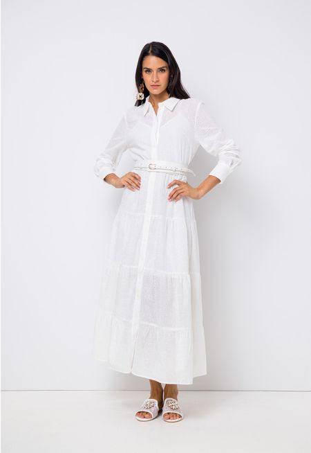 Schiffli Tiered Belted Shirt Dress Set (2 PCS)