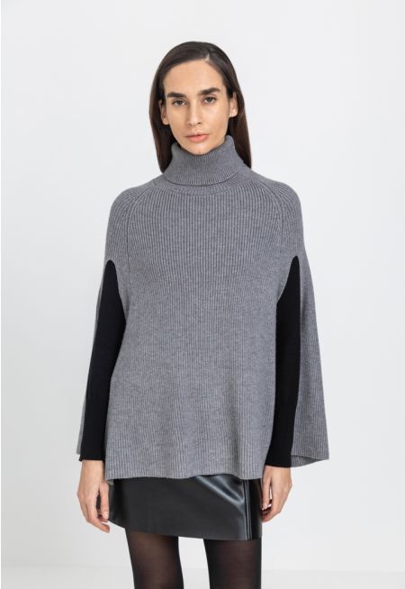 Knitted Ribbed High Neck Poncho