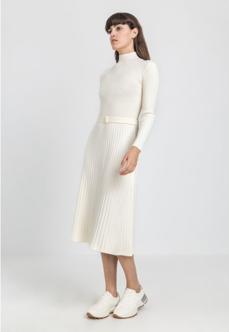 Knitted Ribbed Belted Flared Dress