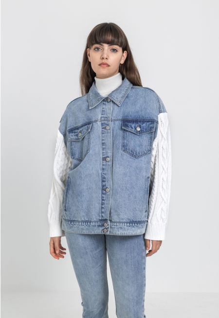 Knitted Sleeve Drop Shoulder Denim Jacket