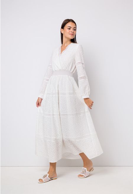 Tiered Schiffli V-Neck Maxi Dress