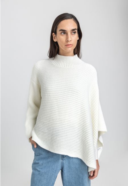 One Sleeve Knitted Ribbed Solid Poncho