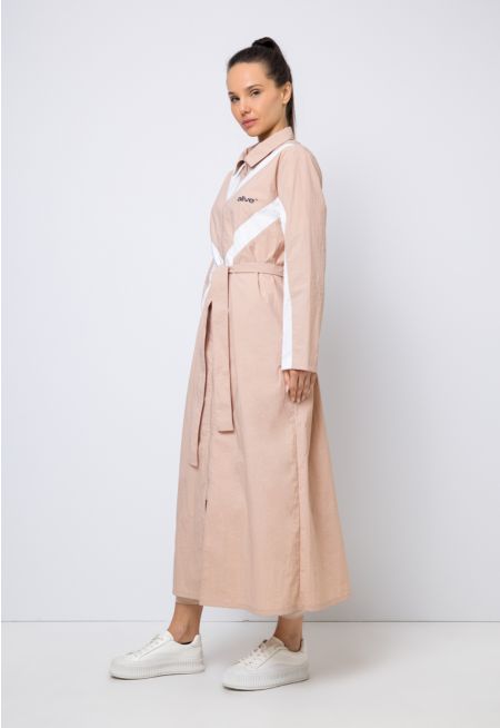 Contrast Belted Full Zip Long Jacket