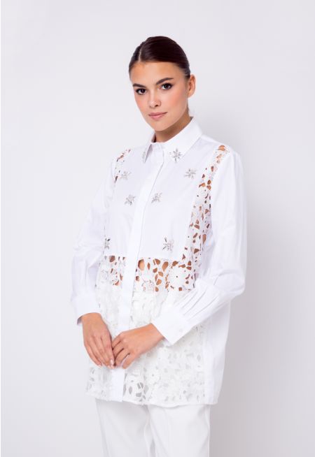Floral Lace Crystal Embellished Shirt